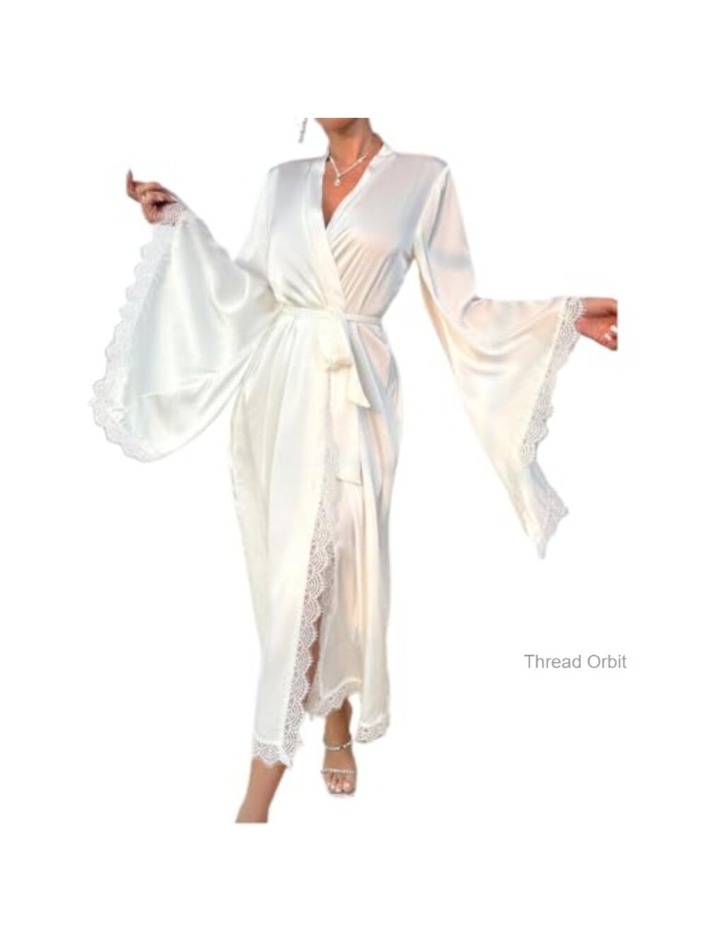 Satin Lace Kimono Robe Long Lightweight Silky Sleepwear